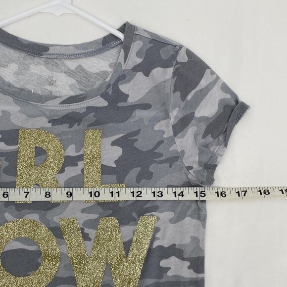 Justice Girls Gray Camo Gold Sparkle GRL POWER! Graphic Short Sleeve Shirt 12 - Picture 6 of 6